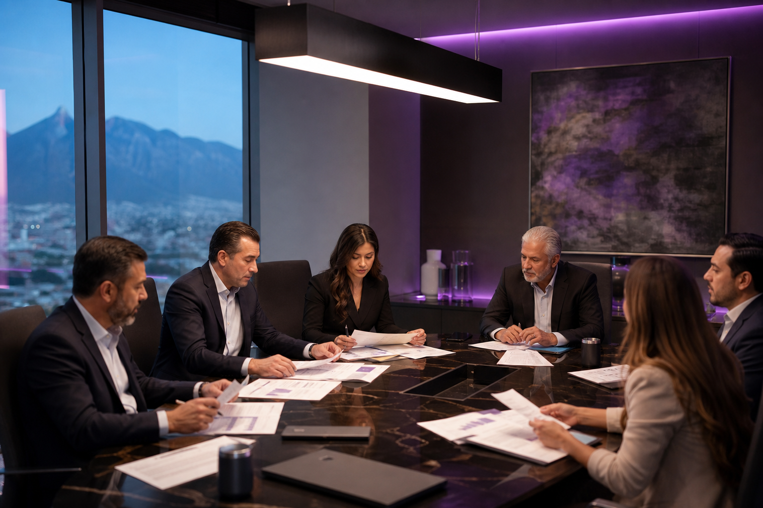 Sala de juntas con documentación de gobierno corporativo